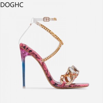  Fashion Gladiator Women's Shoes Sandals Gold Chain Strap Bright Diamond PVC Stiletto Cross Strap